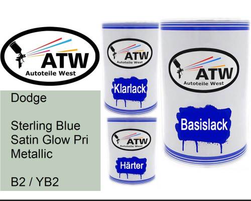 Dodge, Sterling Blue Satin Glow Pri Metallic, B2 / YB2: 500ml Lackdose + 500ml Klarlack + 250ml Härter - Set, von ATW Autoteile West.